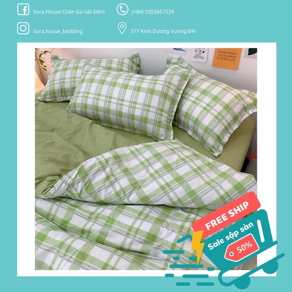 Bộ chăn ga poly kẻ caro xanh lá