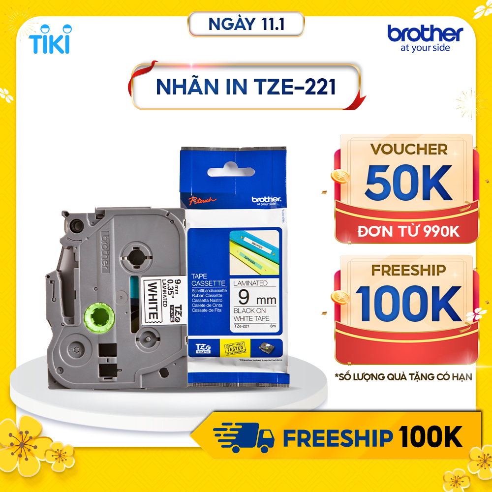 Nhãn in Brother TZe-221 chữ đen trên nền trắng (9mm) - Hàng chính hãng