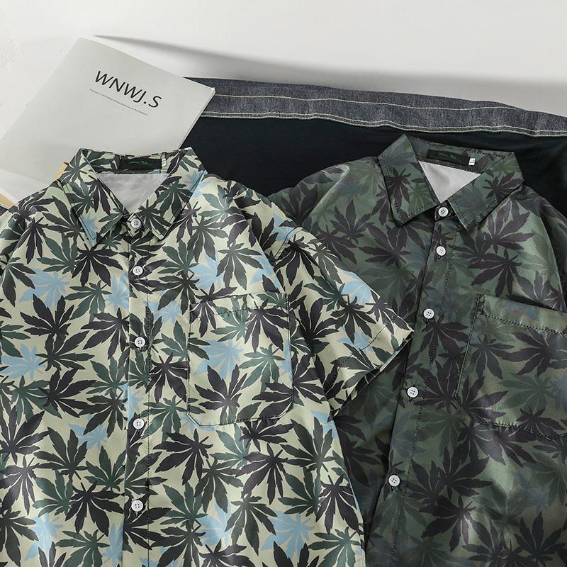 Áo Sơ Mi Ngắn Tay Form Rộng In Họa Tiết Lá Phong Thời Trang Dành Cho Nam 2 Màu