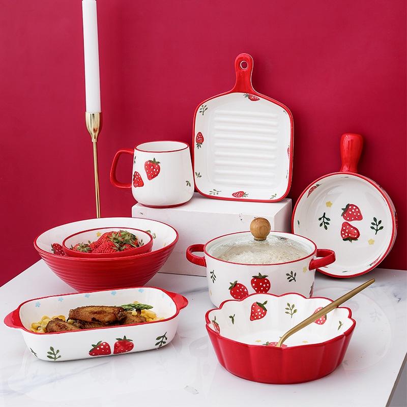 Bộ bát đĩa sứ dễ thương ăn cơm Dâu Tây decor cao cấp trang trí bàn ăn