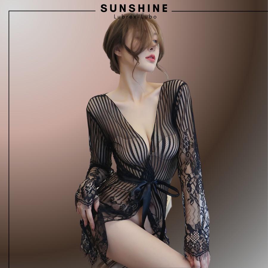 Áo choàng kimono Voan mỏng phối ren cao cấp kẻ sọc màu đen SUNSHINE LUBREX-LUBO -SOC1066