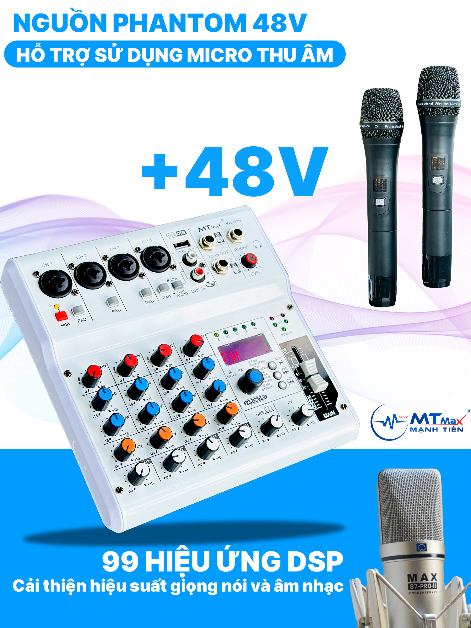 Mixer Mini MTMAX Max-16Pro - Tích Hợp Nguồn 48V, 99 Hiệu Ứng DSP, Hát Livestream, Thu Âm, Karaoke Với Dàn Âm Thanh Hàng Chính Hãng