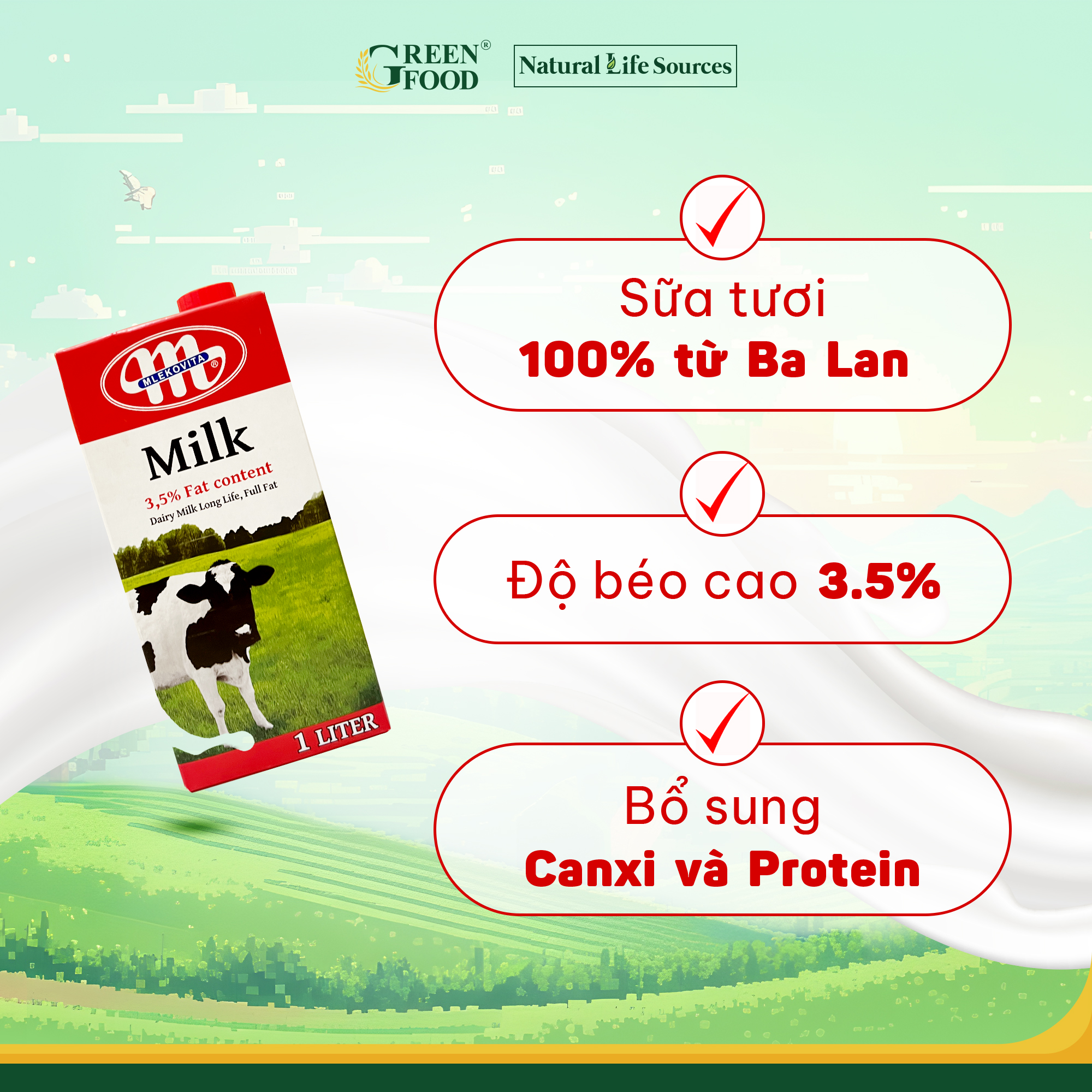 Sữa tươi tiệt trùng nguyên kem không đường Mlekovita - Độ béo 3.5% | Hộp 1L, nhập khẩu trực tiếp từ Ba Lan.