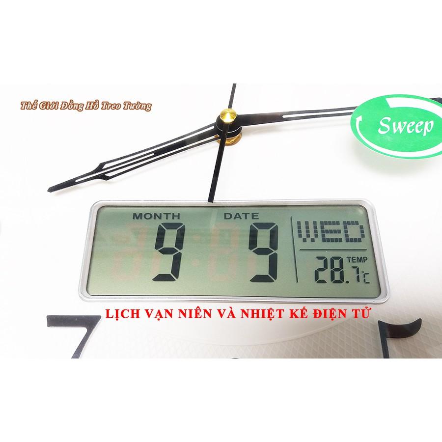 Đồng Hồ Treo Tường KIM TRÔI EASTAR Tròn Kim Điện tử - LỊCH Vạn Niên và NHIỆT KẾ Điện tử - Mặt Trắng – Tặng 2 Pin Maxell