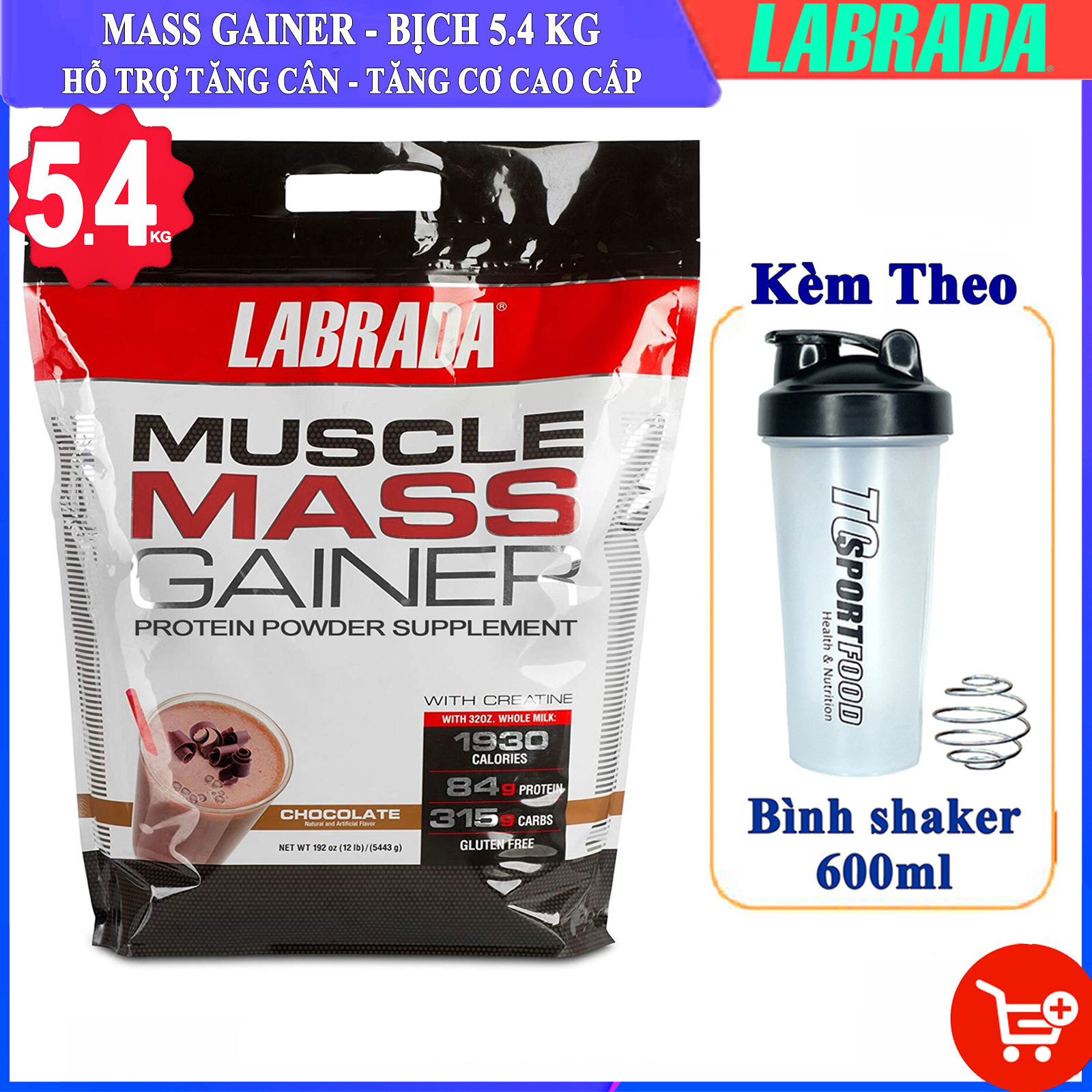 Sữa tăng cân tăng cơ Muscle Mass Gainer của Labrada bịch lớn 5.4kg + Kèm Bình lắc (Mẫu ngẫu nhiên) 600ml