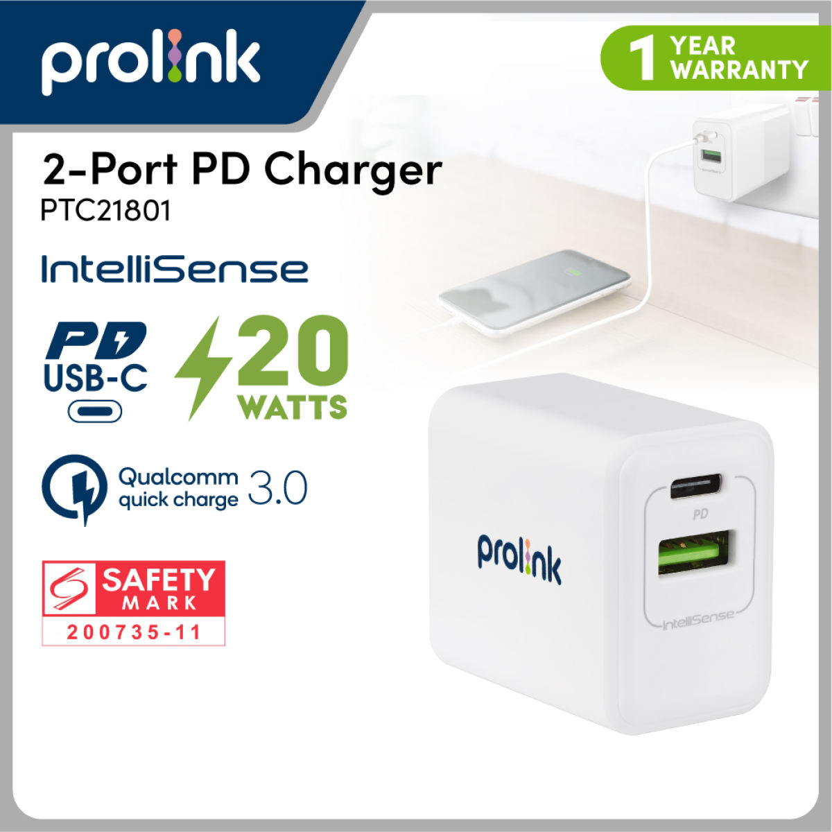 Củ sạc nhanh 20W PROLiNK PTC21801 có 2 cổng USB-A &amp; USB-C dành cho iPhone, iPad, Samsung, Xiaomi - Hàng chính hãng