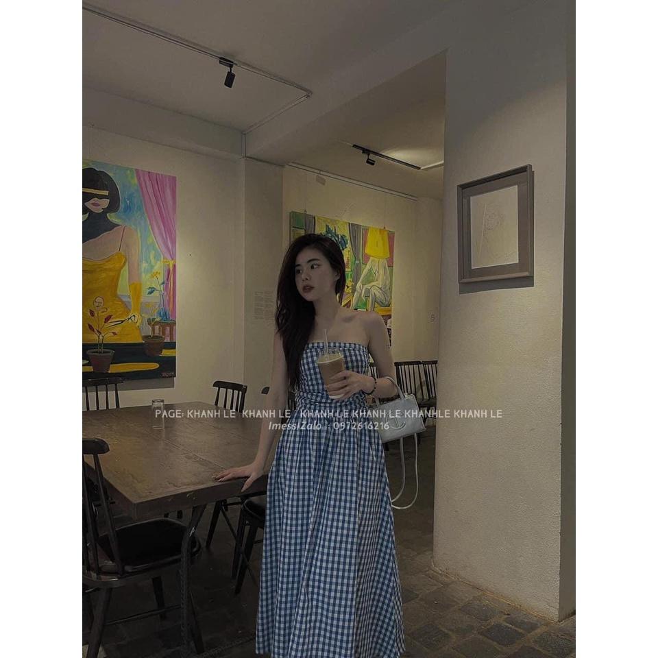 ĐẦM ĐI CHƠI, ĐẦM CÚP NGỰC MAXI CARO DÁNG XÒE CỰC XINH IU