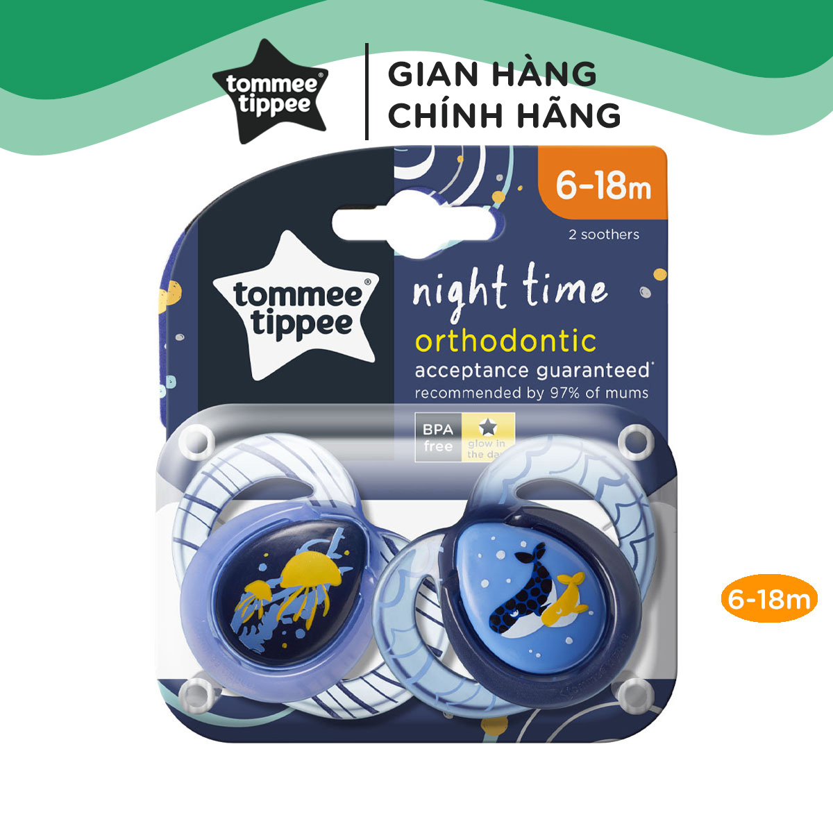 Ty ngậm dạ quang cho bé Tommee Tippee Night Time 6-18 tháng (vỉ đôi) - Cá Voi