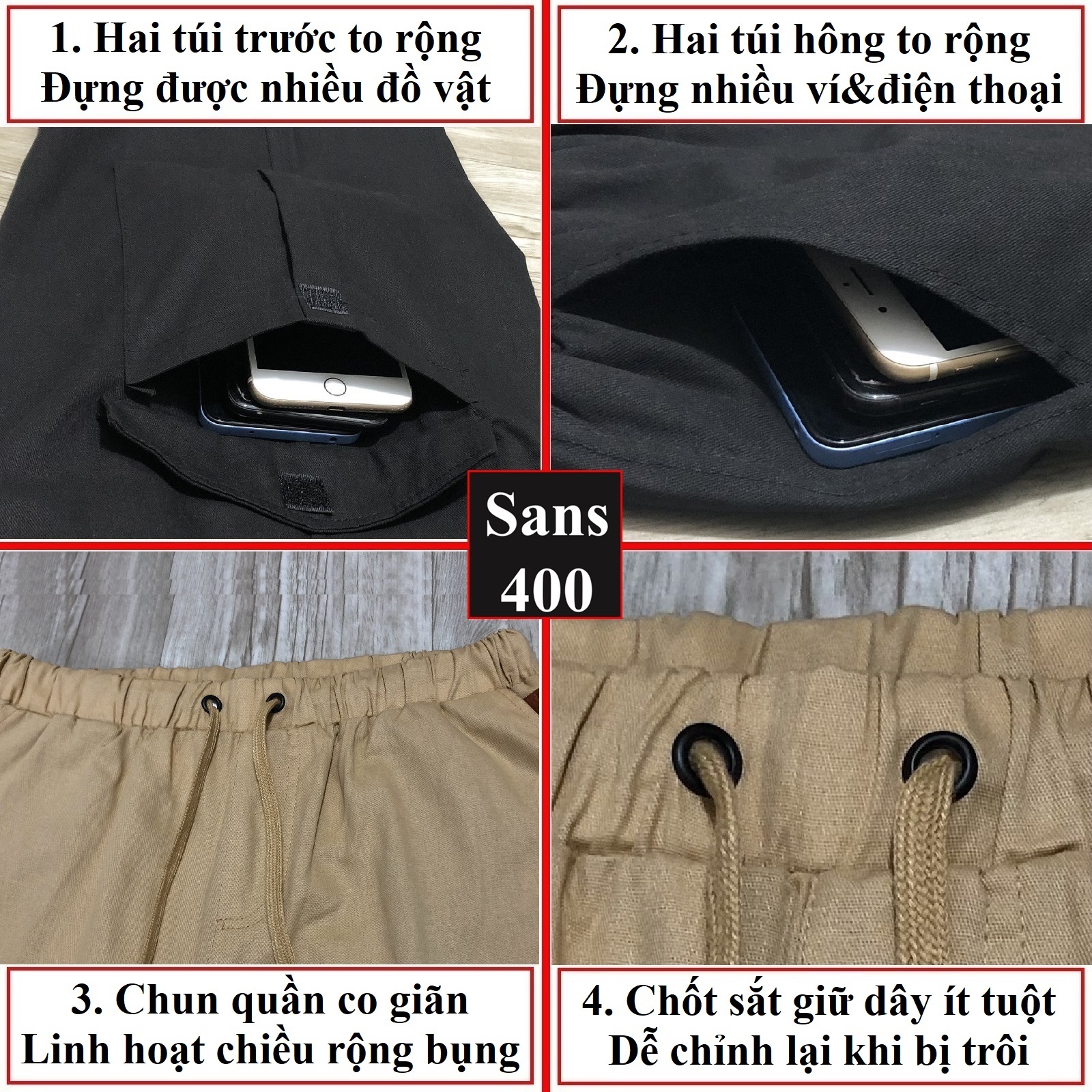 Quần jogger kaki nam túi hộp Sans400 thoáng mát thể thao cạp chun bo gấu dài big size bigsize 3xl 4xl 5xl đen xám xanh