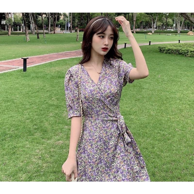 Váy Hoa Nhí Cổ V, Đầm Hoa Nữ Tay Bèo Dáng Dài Váy Vintage, Váy hoa maxi