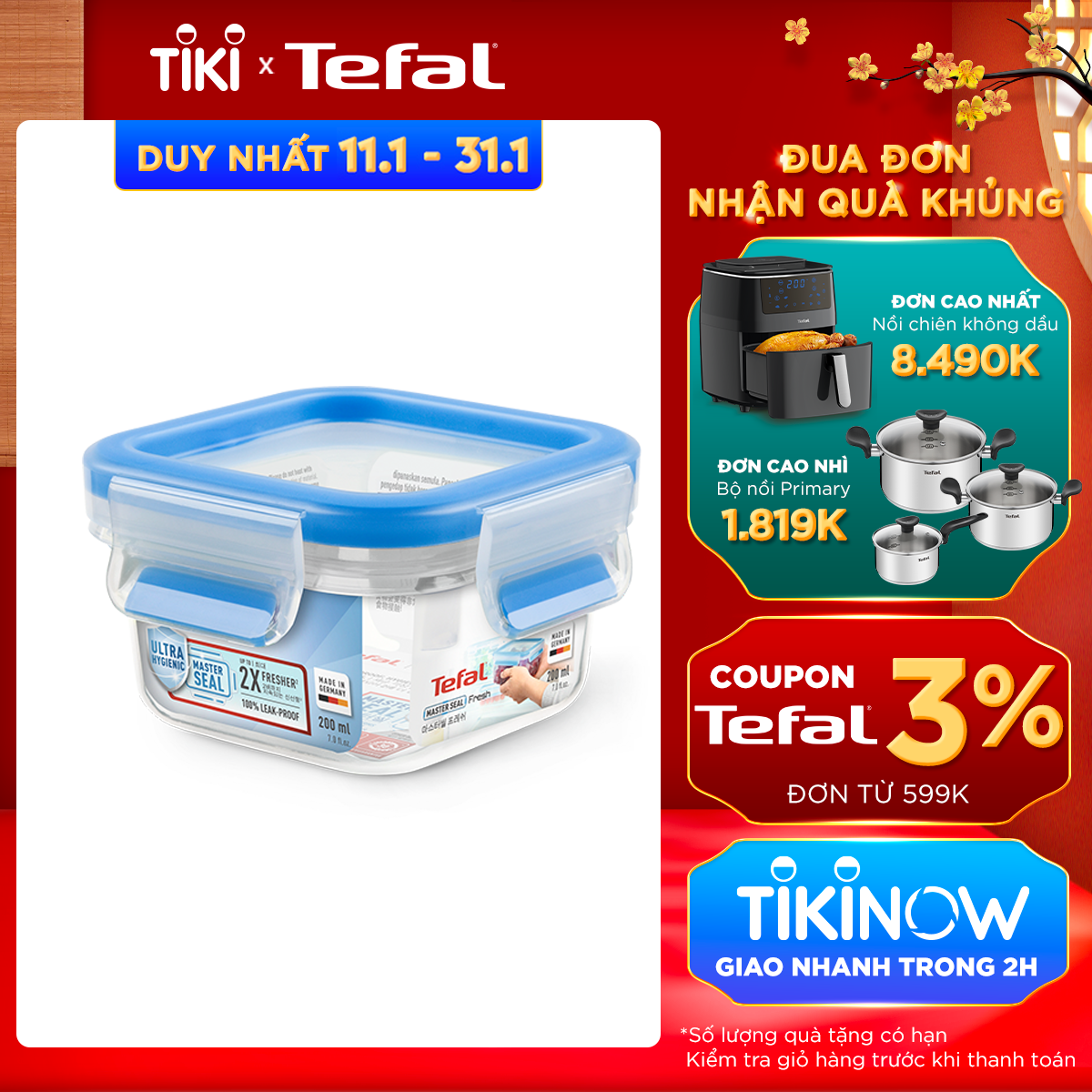 Hộp bảo quản thực phẩm nhựa Tefal Masterseal Fresh 200ml- Hàng chính hãng