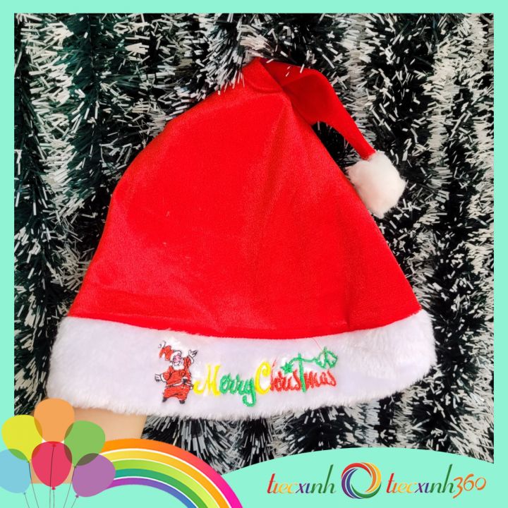 Nón Noel vải nhung viền thêu chữ Merry Christmas