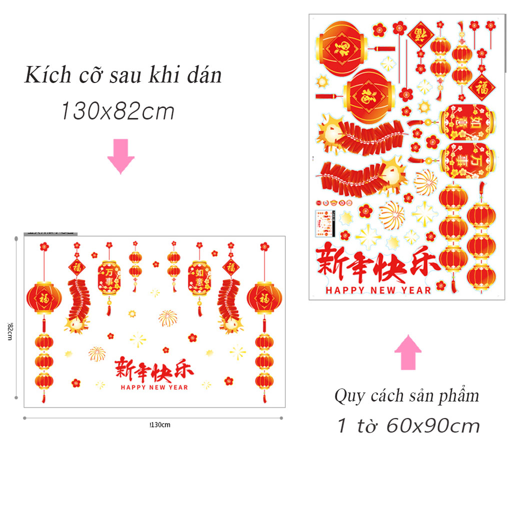 Decal dán kính trang trí Tết- Dây đèn lồng chào xuân- mã sp AMJ922
