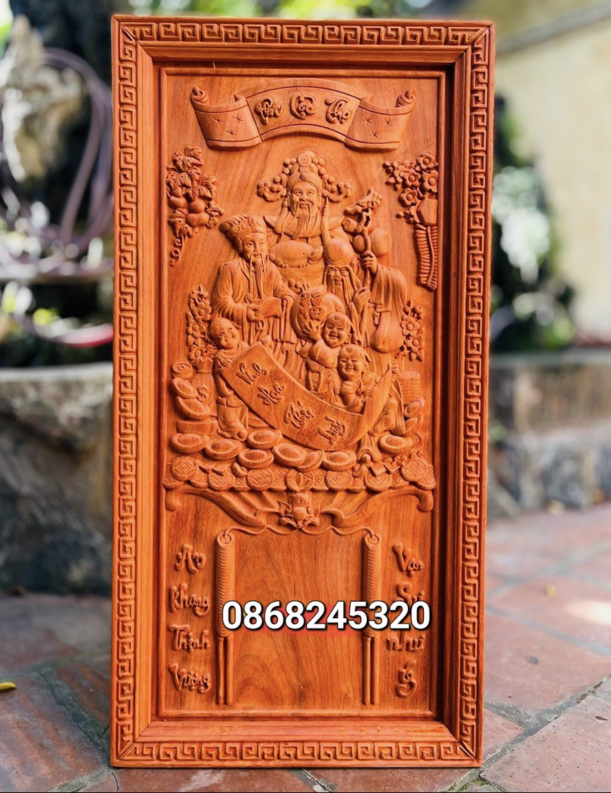 Đốc lịch treo tường khắc tích phúc lộc thọ bằng gỗ hương đỏ kt 41×81×3cm