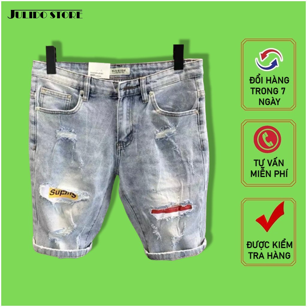 Quần short jean nam co dãn kiểu dán trẻ trung đơn giản thêu họa tiết Julido thời trang hàn quốc THU15