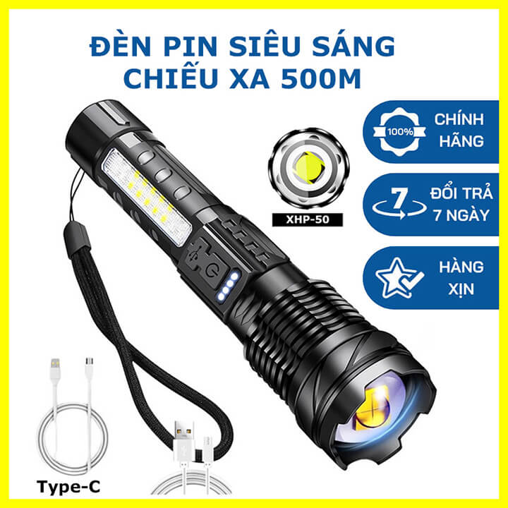 Đèn pin cầm tay siêu sáng chiếu xa 500m có Zoom xa gần, chip Led XHP50 tâm tròn, pin trấu, 7 chế độ sáng, chống nước IPX6