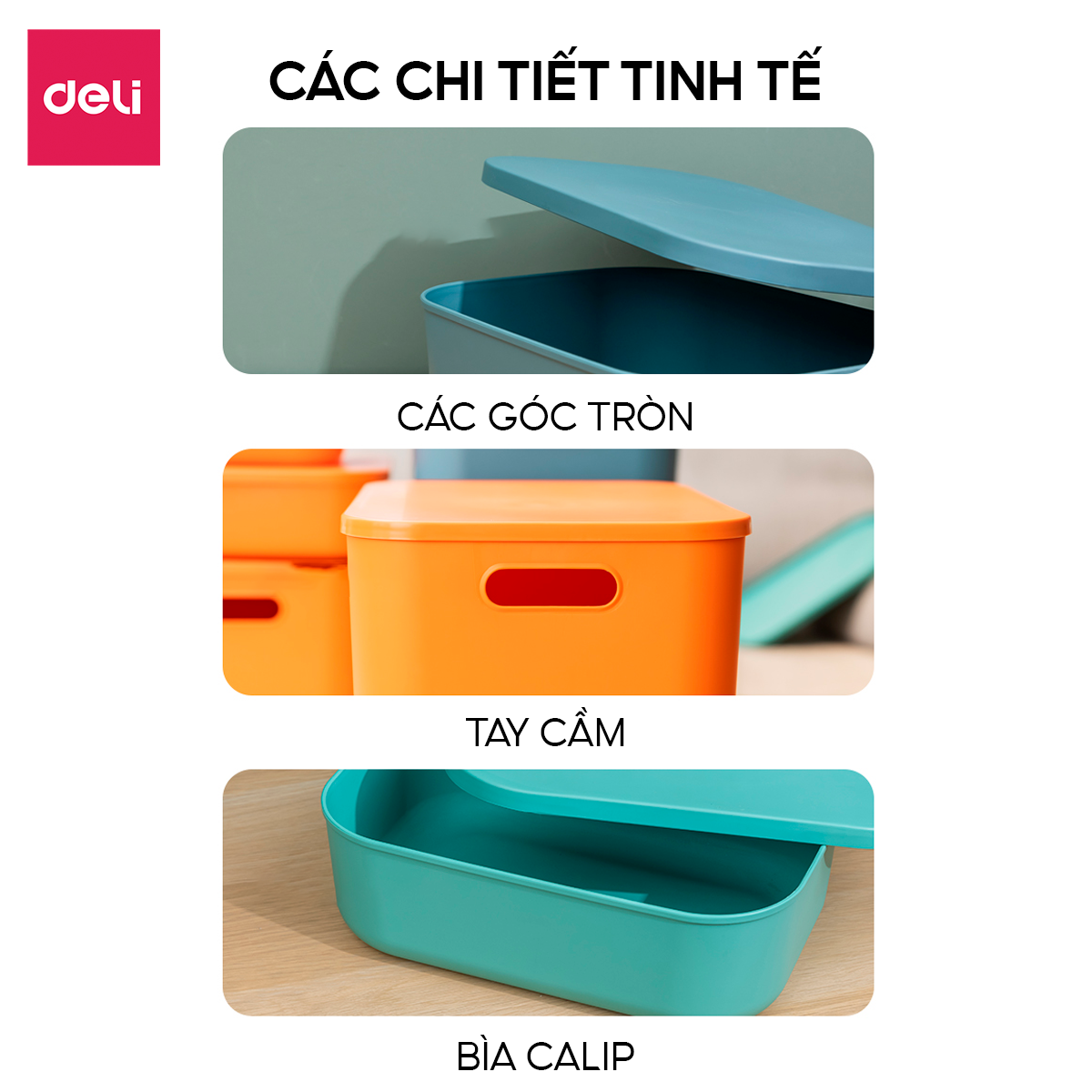 Hộp nhựa đựng đồ đa năng có nắp đậy cao cấp nhiều màu Deli - Đựng sách vở đồ cá nhân mỹ phẩm quần áo chăn ga gối đồ chơi cho bé - Nhiều size kích cỡ lớn nhỏ có tay cầm phong cách Nhật Bản đơn giản tiện dụng