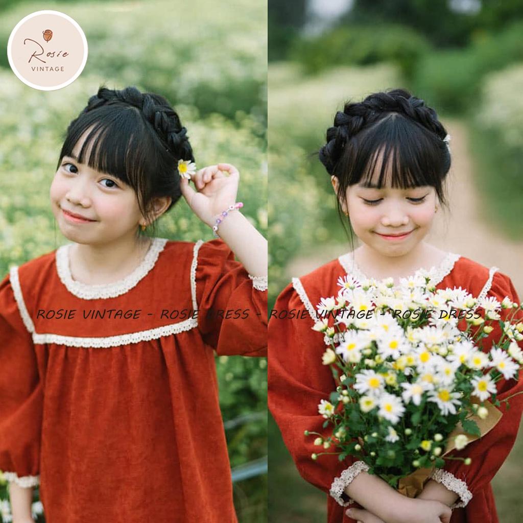 Váy nhung viền ren ROSIE V04 chất nhung mịn mềm cho bé gái từ 7-36kg