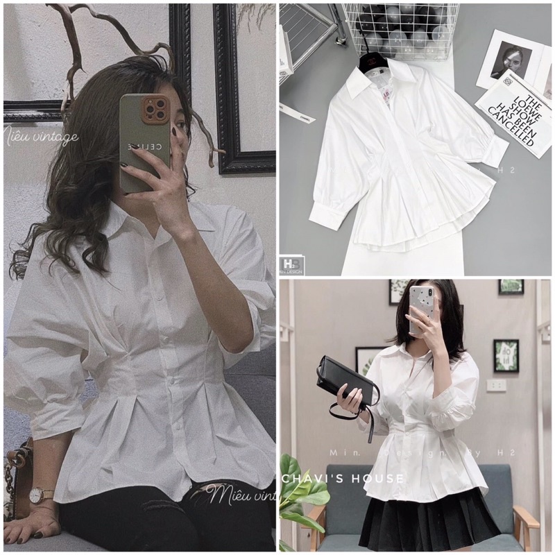 Áo sơ mi nữ trắng công sở nhúm eo dáng xòe nữ tính