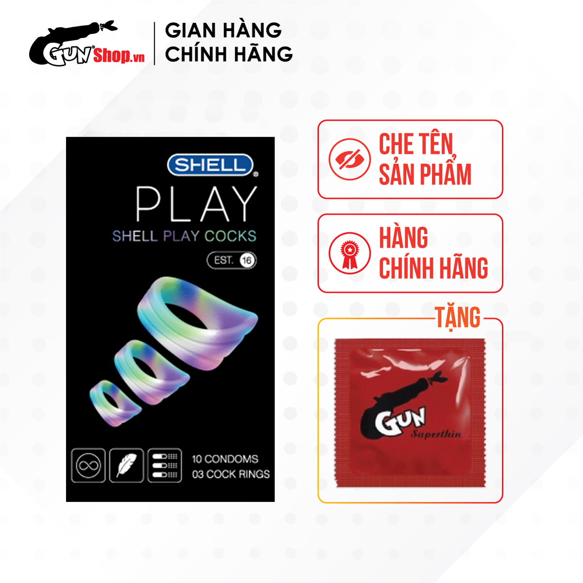 [Hộp 10 cái] Bao cao su Shell Play Cocks 6 tính năng hộp 10 cái kèm 1 chiếc bcs Gun Super Thin