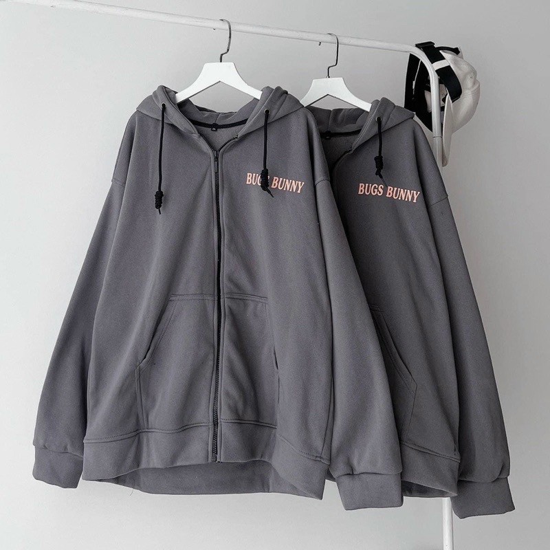 Áo khoác form rộng BUGS unisex, áo khoác phong cách trẻ trung ảnh thật, Áo Khoác Nỉ Zip Kéo BUNNY , Áo khoác chống nắng in chữ có mũ họa tiết bữa tiệc Bugs