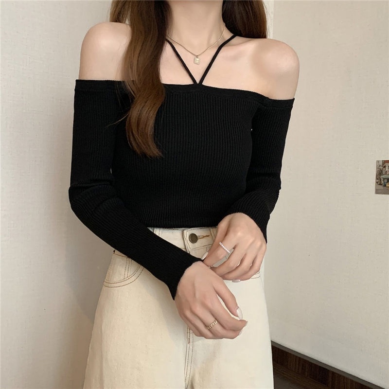 (ảnh thật) Áo Thun Dài Tay Cổ Yếm Croptop Ôm body Hở Vai Sang Chảnh