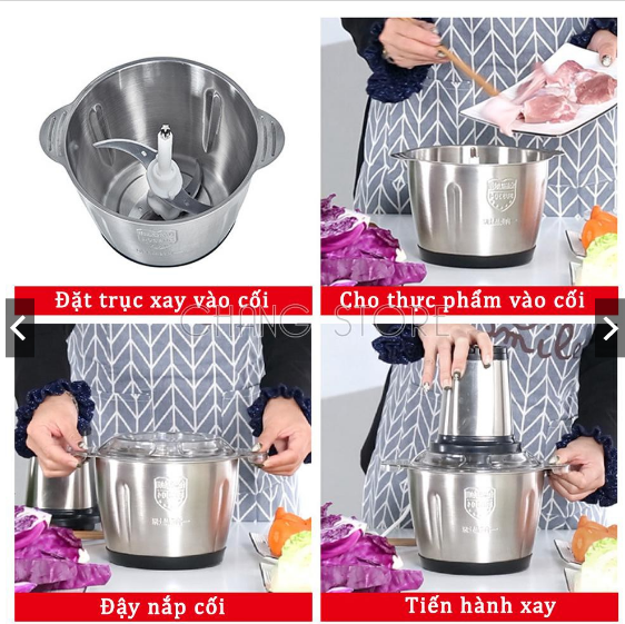 Máy xay thịt đa năng 300W, nút inox, cối Inox 304 , 4 lưỡi, dung tích 2L