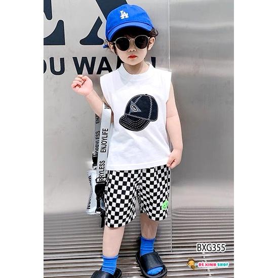 Bộ Áo Sát Nách In Nón Quần Caro Dễ Thương Cho Bé Trai
