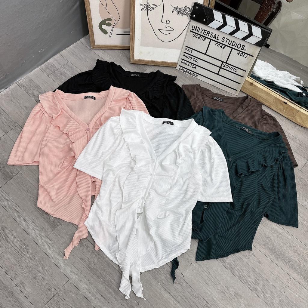 Áo Thun BIGSIZE CÔ NHỎ nữ cổ chữ V vạt bèo viền cổ và viền nút tà nhọn tay ngắn croptop Chuppy 58-95kg G89 - Trắng