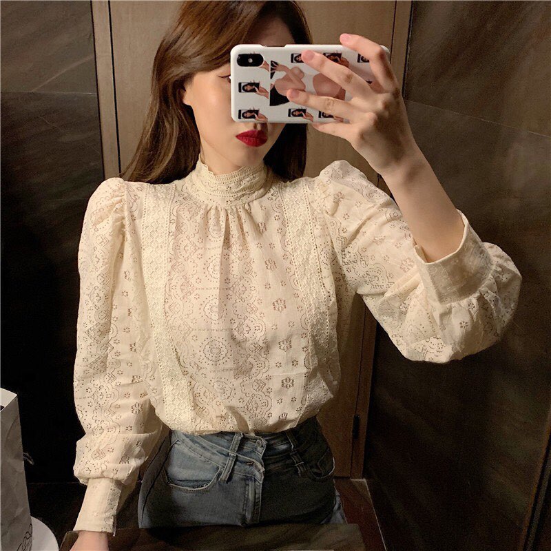 Áo sơ mi ren nữ cao cổ dài tay