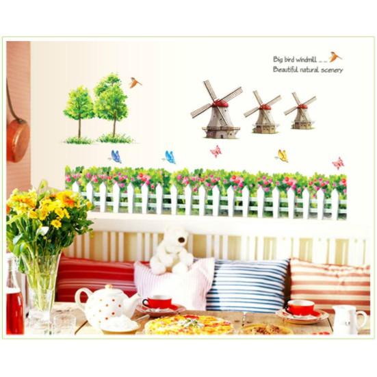 Decal trang trí tường cối xay gió và cây xanh