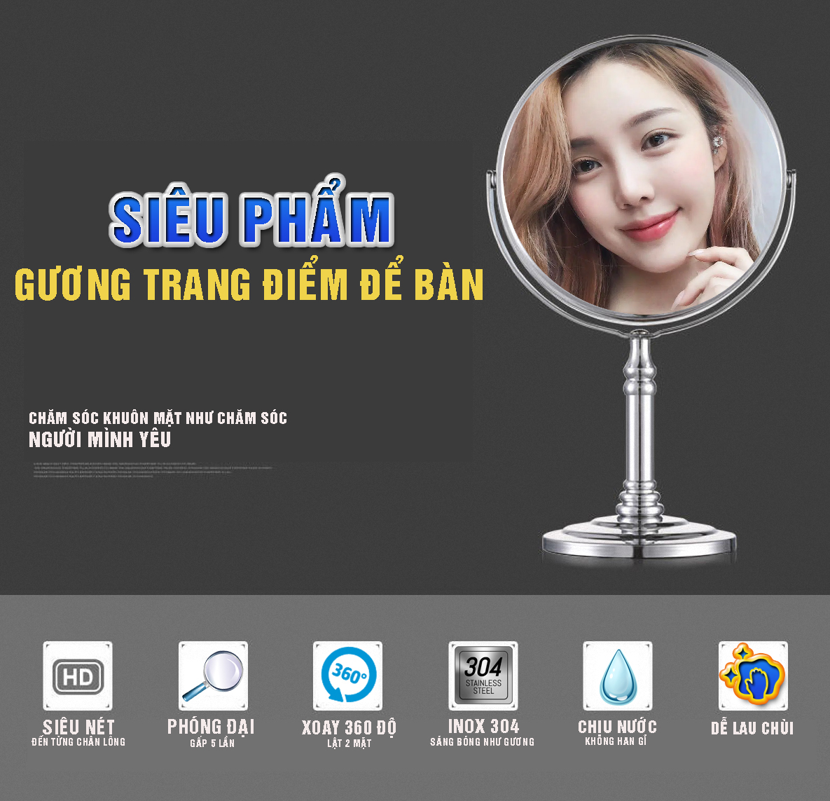 Gương trang điểm phóng đại 3 lần, xoay 360 độ, 2 mặt siêu nét, để bàn, Inox 304, Size 13cm, 15cm, 18cm, 20cm, Dan House 515