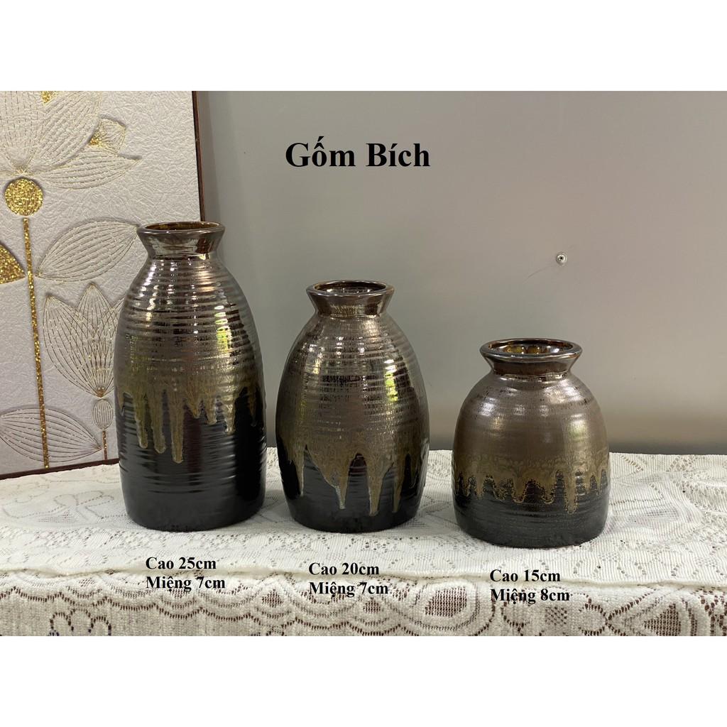 Set Bộ 3 Bình Hoa Dáng Nhỏ Men Xanh Hỏa Biến Gốm Sứ Bát Tràng - Gốm Bích