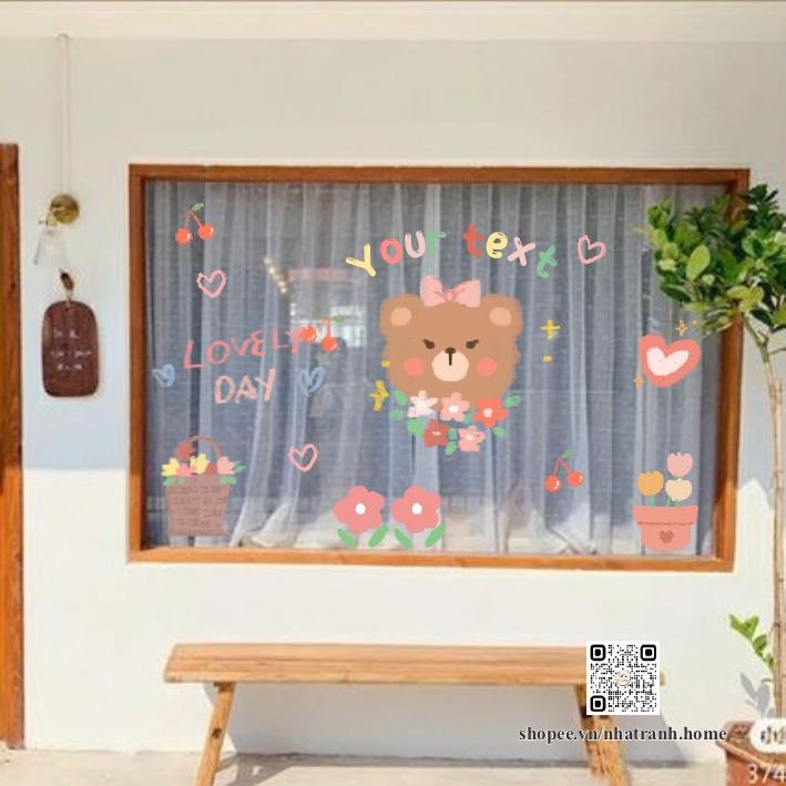 Hình dán flower bear dễ thương aesthetic trang trí gương, kính cửa hàng cute 12