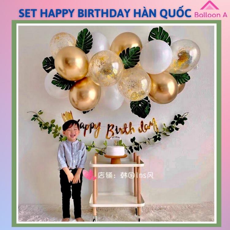 Set bóng trang trí sinh nhật, tiệc thôi nôi, dây chữ Happy Birthday Handmade màu xanh kèm lá kiểu Hàn Quốc giá rẻ