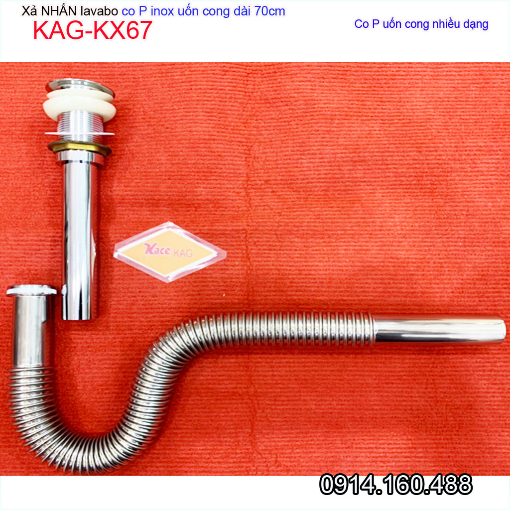 Bộ xả nước chậu rửa mặt KAG-KX67, Xả lavabo ấn tay ống thải co P inox mềm có thể uốn bẻ lắp 100% lavabo treo tường