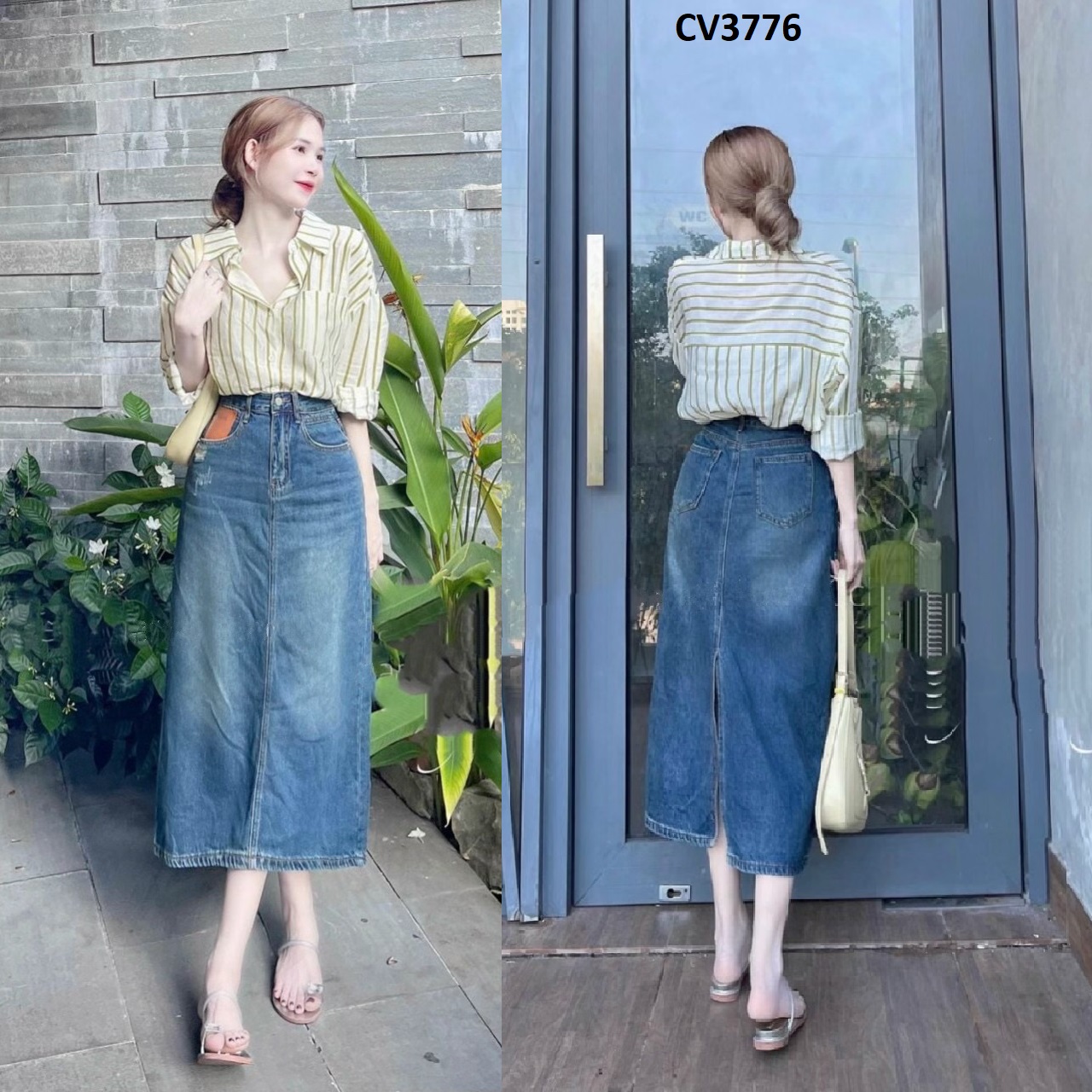 Chân Váy Jeans Dáng Dài Xẻ Bên CV3775