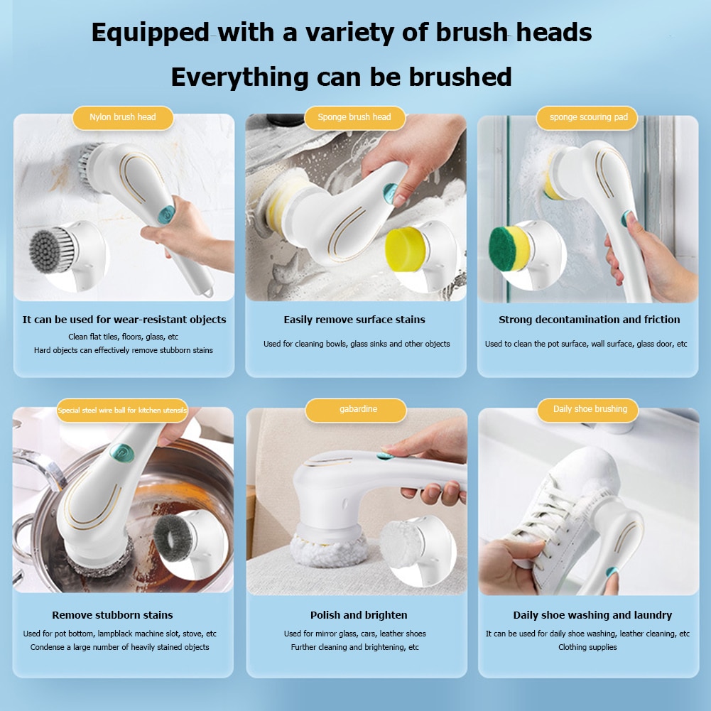 Bộ bàn chải điện vệ sinh cầm tay Electric Spin Scrubber, 5 Replaceable Brush Heads for Bathroom, Kitchen, Wall, Tile, Tub