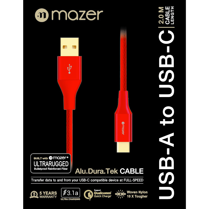 Dây Cáp Mazer ALU.DURA.TEK USB-A to USB-C Cable 3.1A (2m) - hàng chính hãng