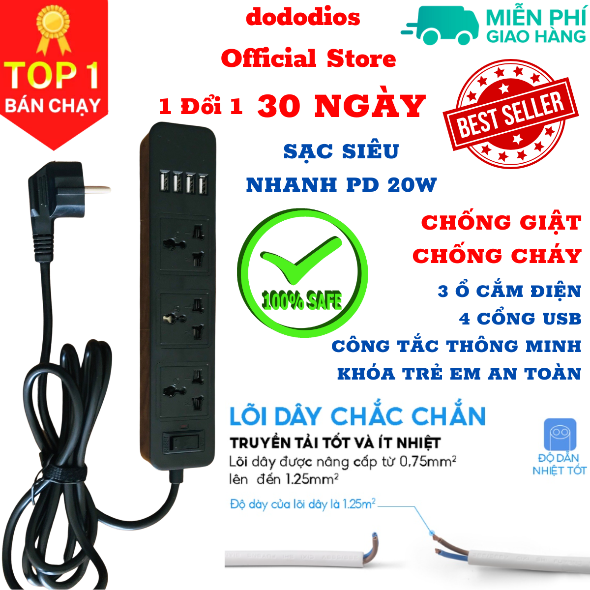 Ổ cắm điện đa năng thông minh dododios 2 cổng USB 5v sạc nhanh, chịu tải 2500W, tiết kiệm 30 kilowatt H dây nối 2m