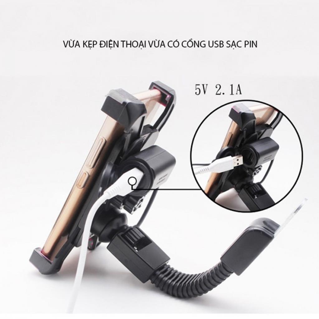 Giá đỡ,Kẹp Điện Thoại Gắn Xe Máy kiêm Bộ sạc USB điện thoại gắn trên Mô tô, xe máy, xe đạp