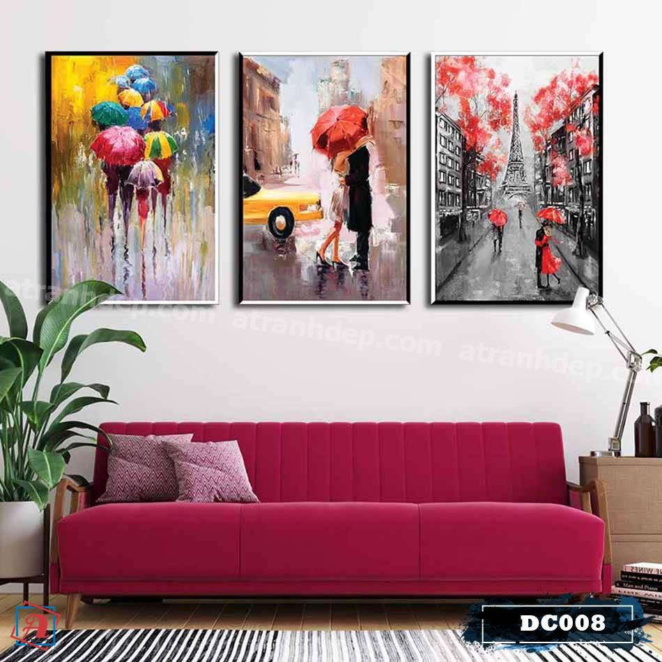 Bộ 3 tranh canvas treo tường sơn dầu decor Paris – đôi tình nhân – DC008