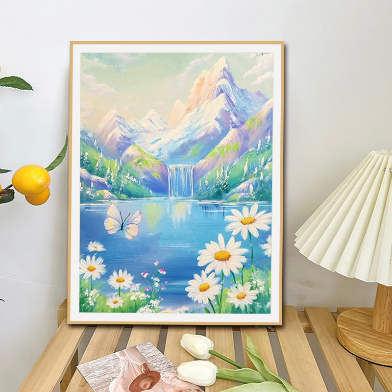 Tranh thêu kín Cúc hoạ mi bên hồ nước, kích thước 50 x 60 cm