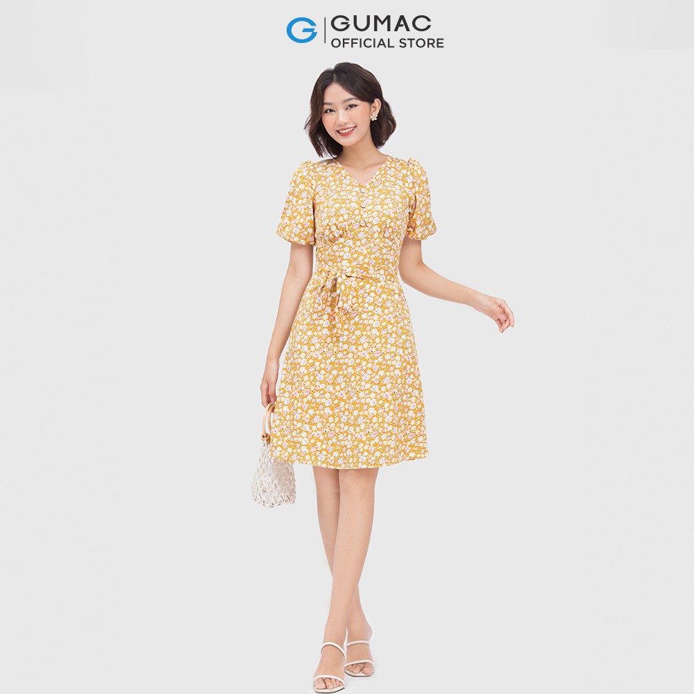 Đầm nữ GUMAC DC04038 form A xòe cổ chữ V nhún ngực dễ thương