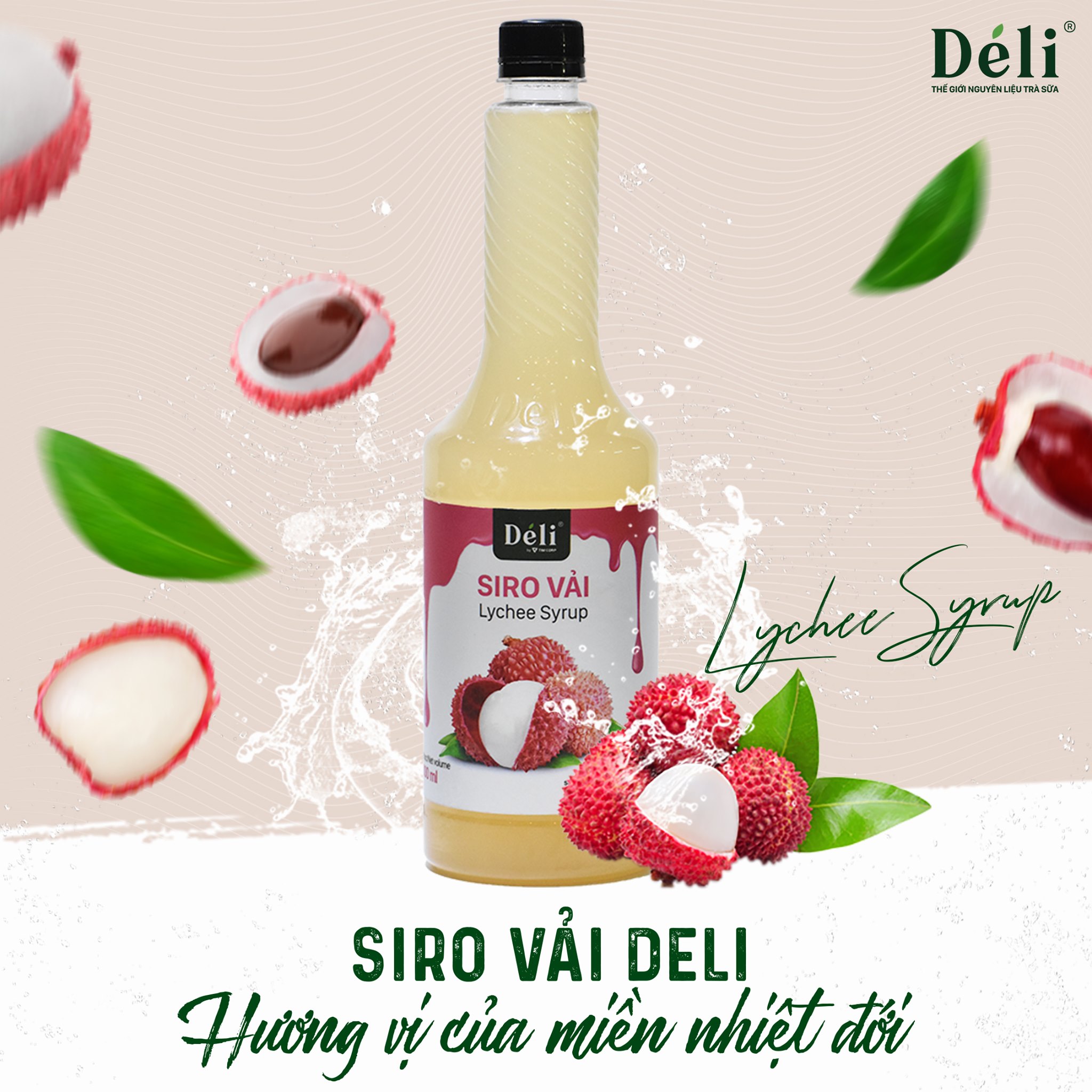 Siro vải Déli chai 1lit, HSD: 12 tháng Nguyên liệu pha chế trà trái cây, soda,...