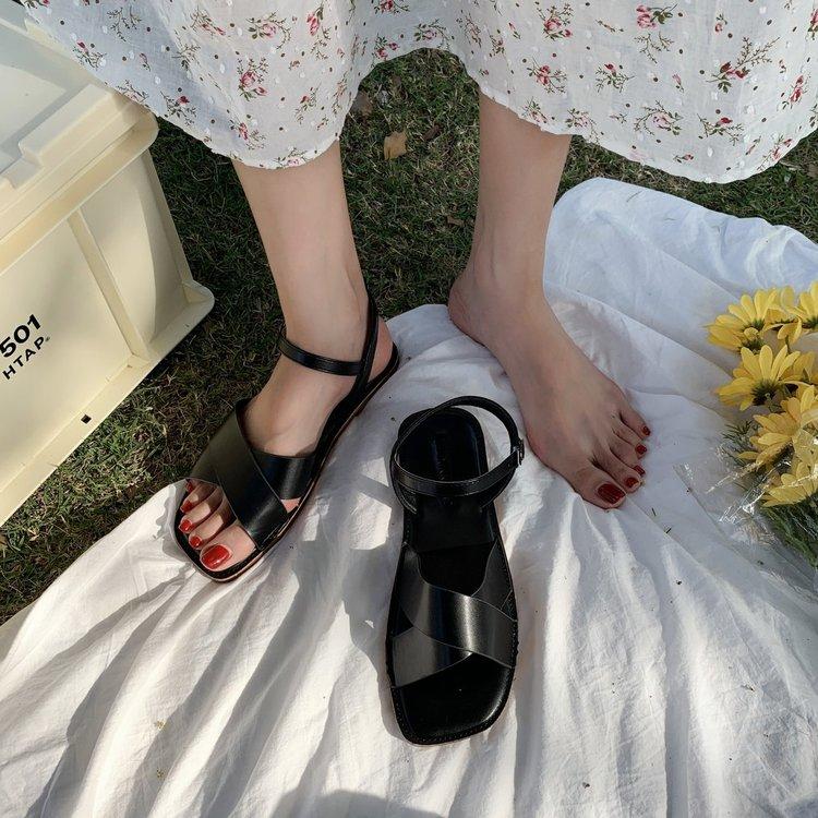 Fashion Square Open Toe One Line Buckle Flat Sandals for Women