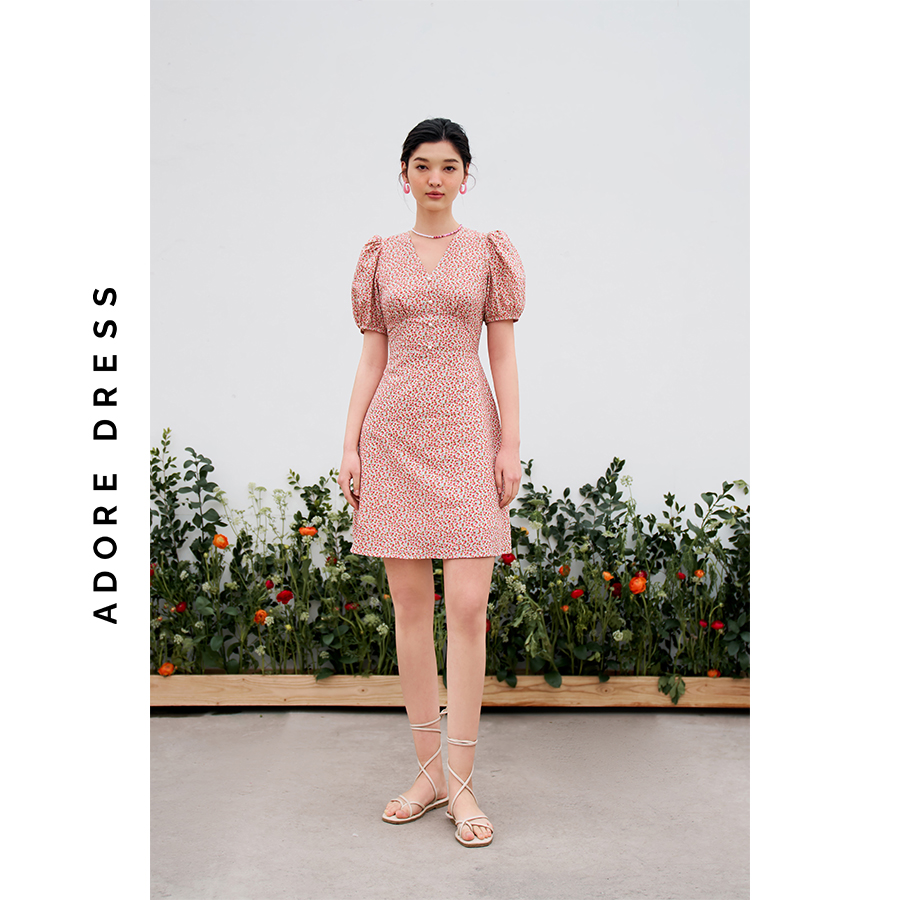 Đầm mini dress thô xốp hoa nhí 2 màu đỏ hồng và trắng xanh  3ASDR1185 ADORE DRESS