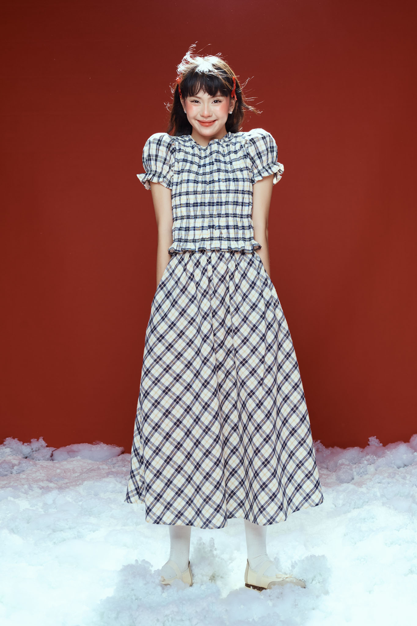 DOTTIE - Chân váy midi kẻ ô - Xanh đen - S0253
