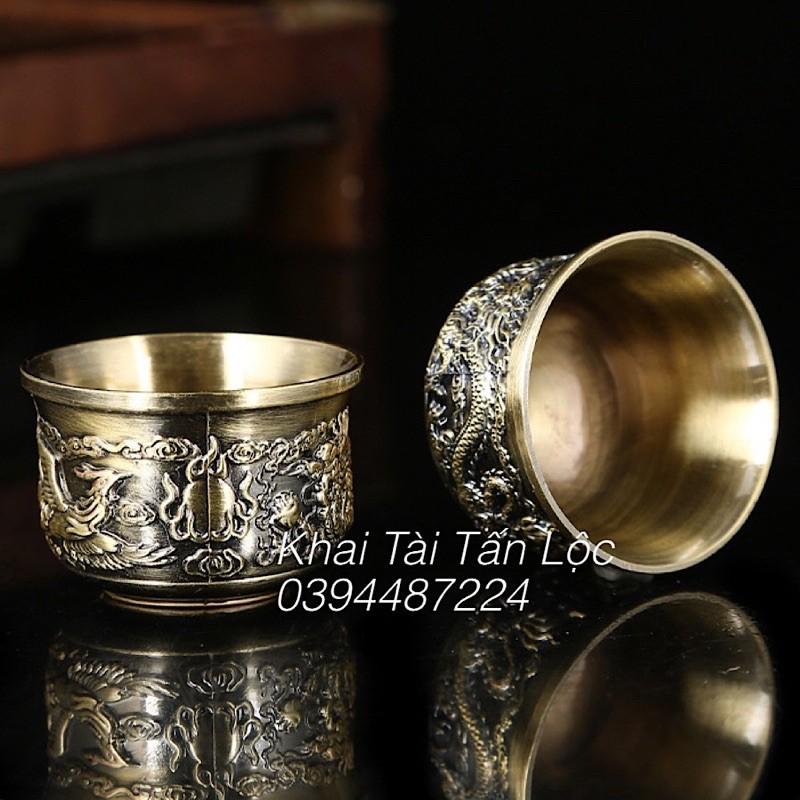 Bộ ấm trà - bộ cốc chén Long Phụng trình tường bằng đồng