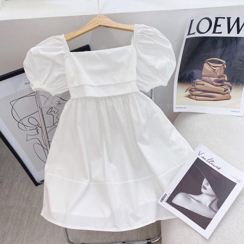 Đầm Babydoll cổ Vuông xếp ngực cột nơ lưng 2 lớp vải dày dặn , váy babydoll ulzzang Hàn Quốc trên gối dáng xòe bánh bèo